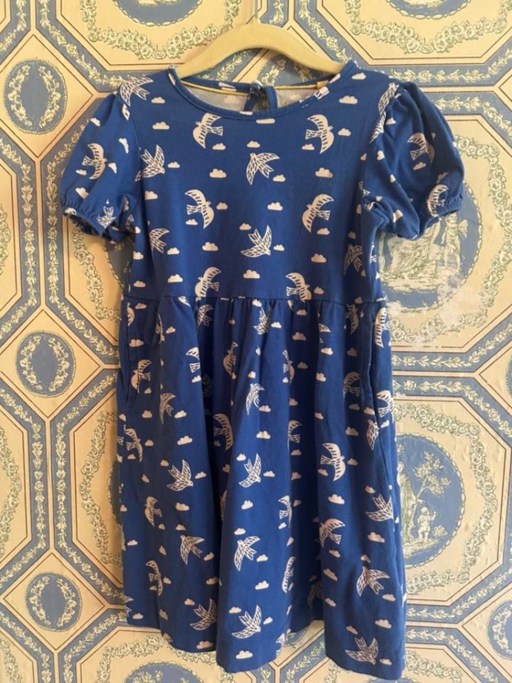 Mini Boden Blue Bird Print Dress Size 6Y/7Y